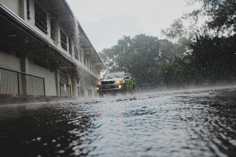 Flash flooding on a street after heavy rain in the Permian Basin