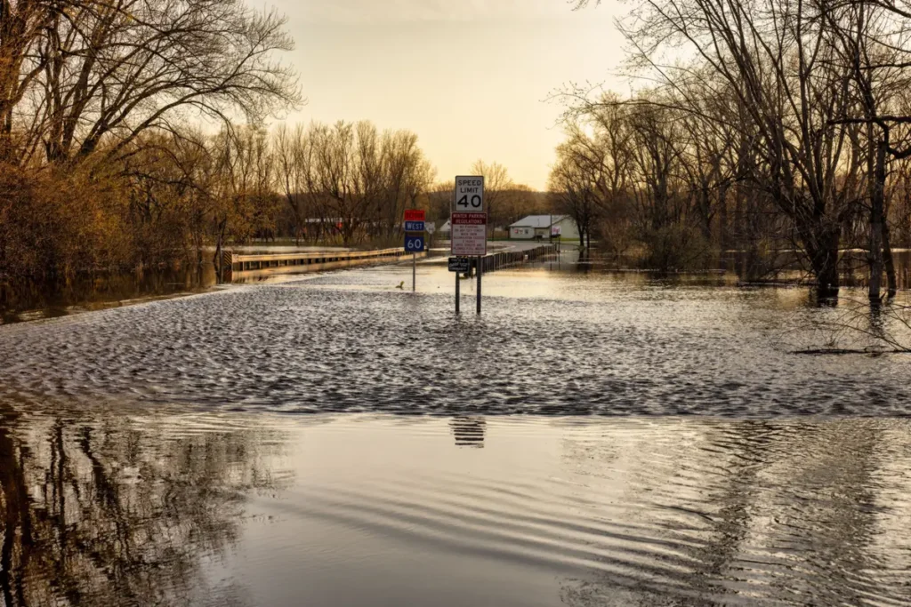 Moving flood water flowing across a road with a speed limit sign partially submerged